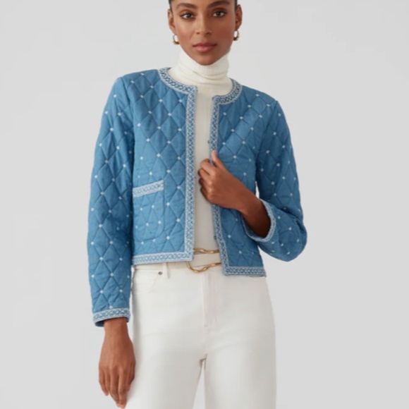 J. McLaughlin Jacket xl Blue Denim Chambray Helene Quilted Diamond office career - Picture 7 of 7